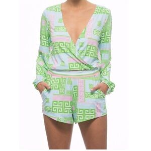 Macbeth Collection Margaret Josephs VNeck Cross Cross Long Sleeve Green Romper S